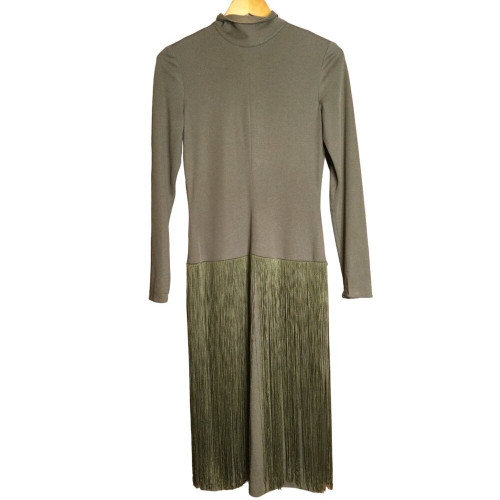 Vintage Lilli Diamond Women's Turtleneck Knit Fringe Dress Brown Size 10